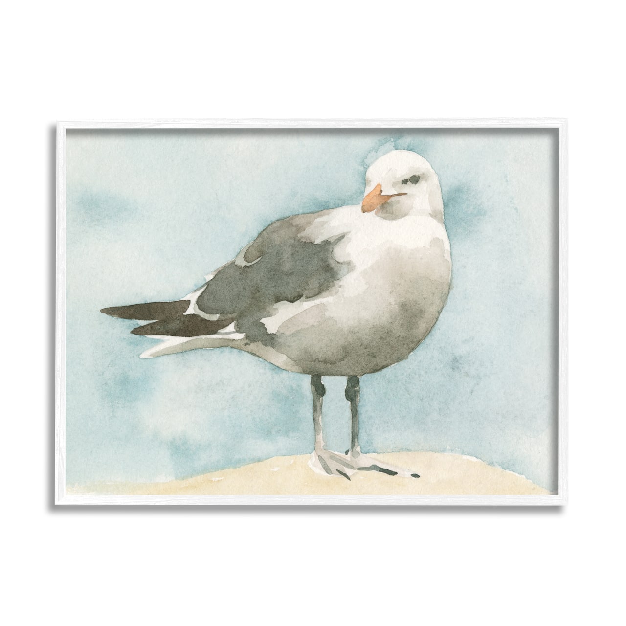 Stupell Industries Soft Focus Seagull On Waterfront Beige Blue in White Frame Wall Art